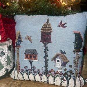 Charming Birdhouse Accent Pillow in Blue and Brown